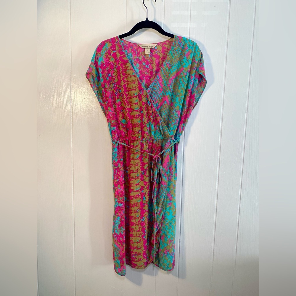 Presley Skye Silk Faux Wrap Tulip Hem Dress Women's Pink Teal Cap Sleeve PL